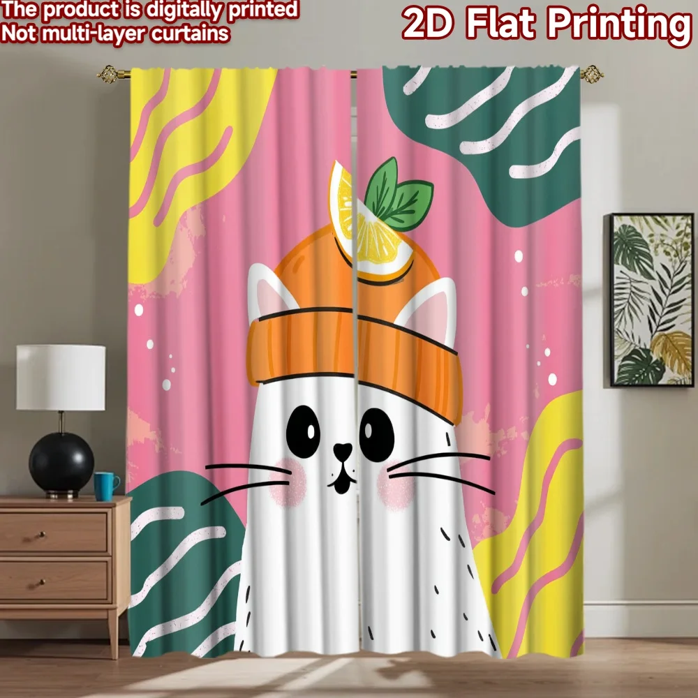 2D flat printing 2pcs Window Treatment Curtains Cute cat lemon hat Digital Printed Polyester Drapes Family Party Decoration Use