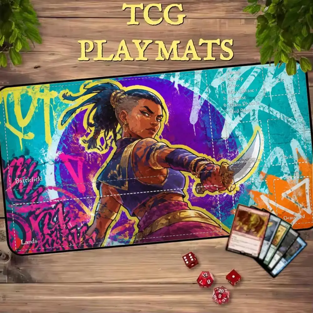 Graffiti Warrior Female Blade Fighter TCG Playmat 35X60CM Magic Card Battle Mat Non-Slip Durable Stitched Edge Tabletop Playmat