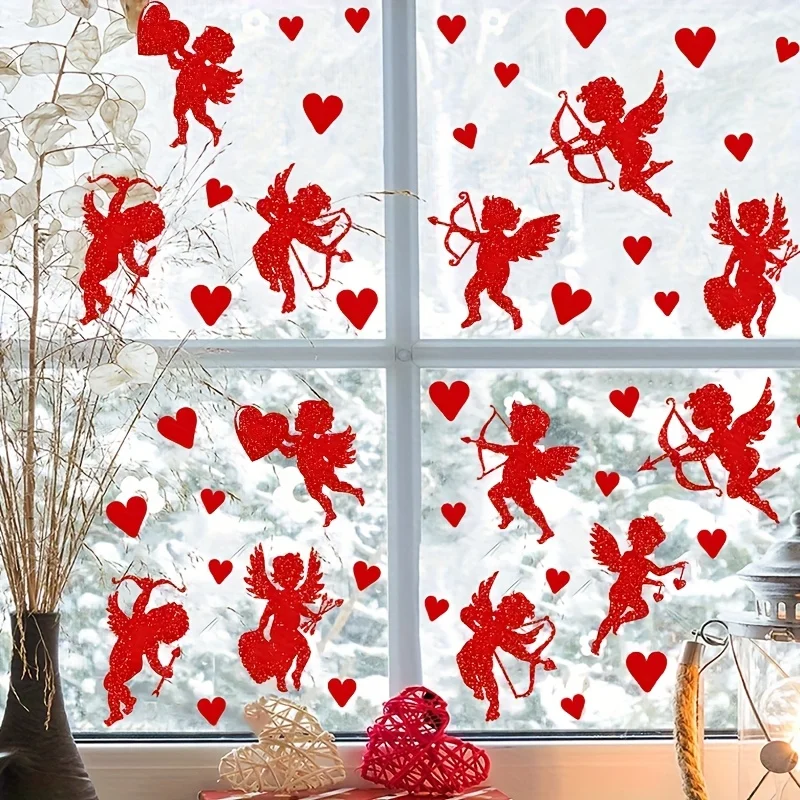 4 Blatt Valentinstag Amor Rote Herzförmige Wand- & Fensteraufkleber Heiratsantrag-Thema Dekor Kunst Wandbild Aufkleber für Paare Heimdekoration