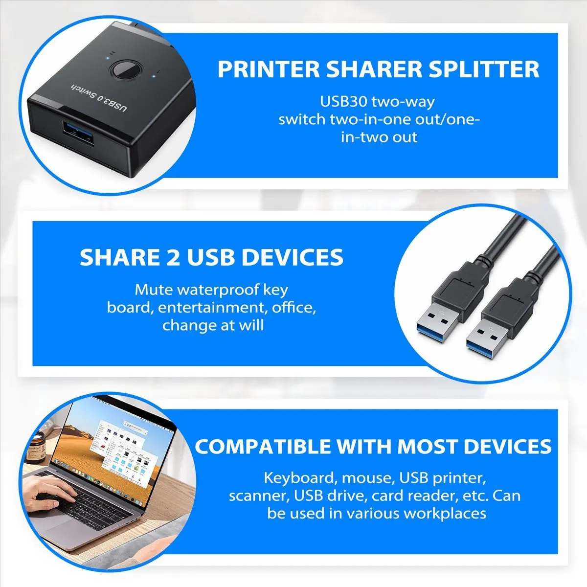 

[A75T] USB Switch KVM USB HUB 3.0 Switcher Selector KVM Switch for PC Keyboard Mouse Printer 1 PC Sharing 2 Devices USB Switch