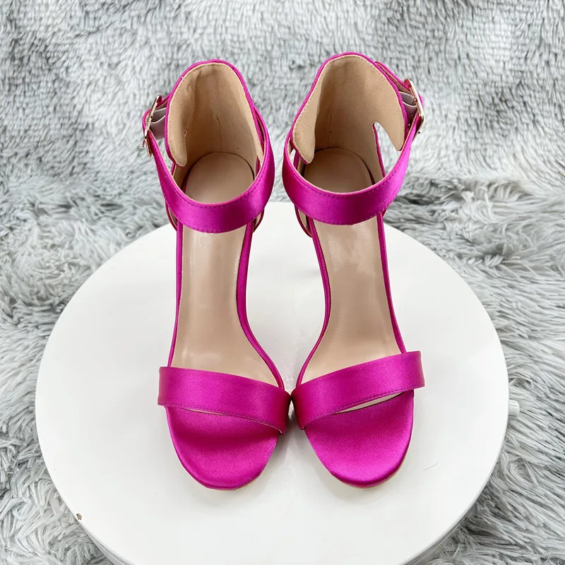 Tikicup Newly Fuchsia Slik Satin Women Ankle Strap Open Toe High Heel Sandals 10cm Elegant Summer Dress Stiletto Pumps Shoes