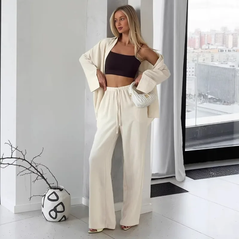 

Tsiisd Casual Trousers Sets Women Loose Long Sleeve Shirt Lace-Up Wide-Leg Pants 2 Piece Sets Female Daily Loungewear Outfits