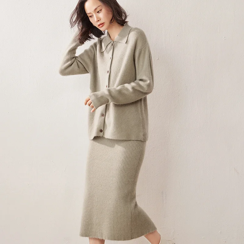 Autumn Winter 100% Percent Cashmere Suit Dress Set Womens Knitted Cardigan Lapel Collar Coat High Waisted Skirt Elegant Fashion.