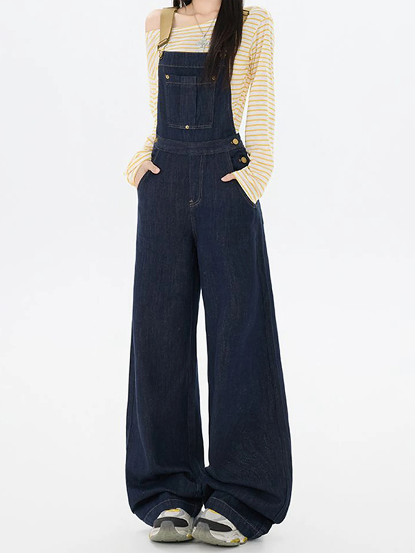Lababite American Sle Deep Blue Wide Leg Denim Overalls Women's New 2025 High Waist Cargo Pants Casual Loose Fit Autumn