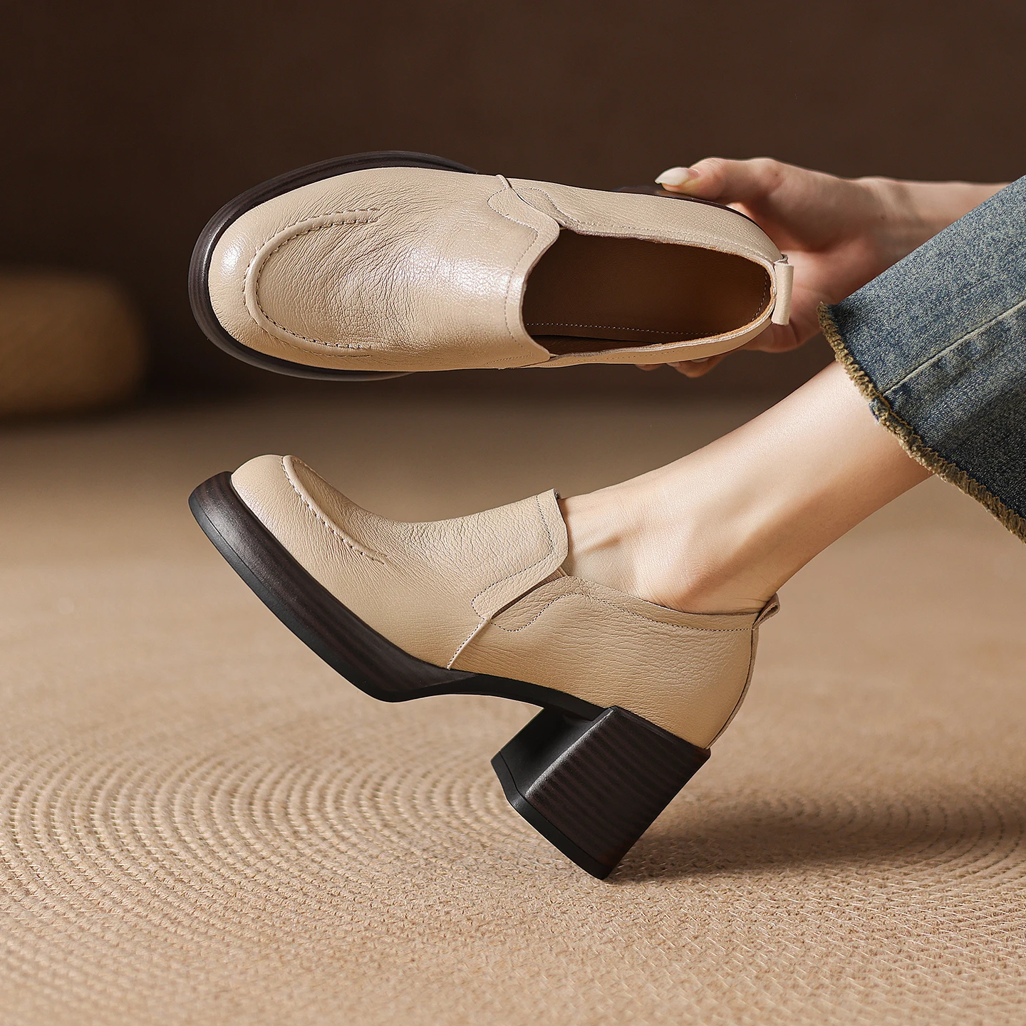 LIHUAMAO cow leather chunky heel loafer shoes women casual shoes footwear work party thick heel shoes outdoor