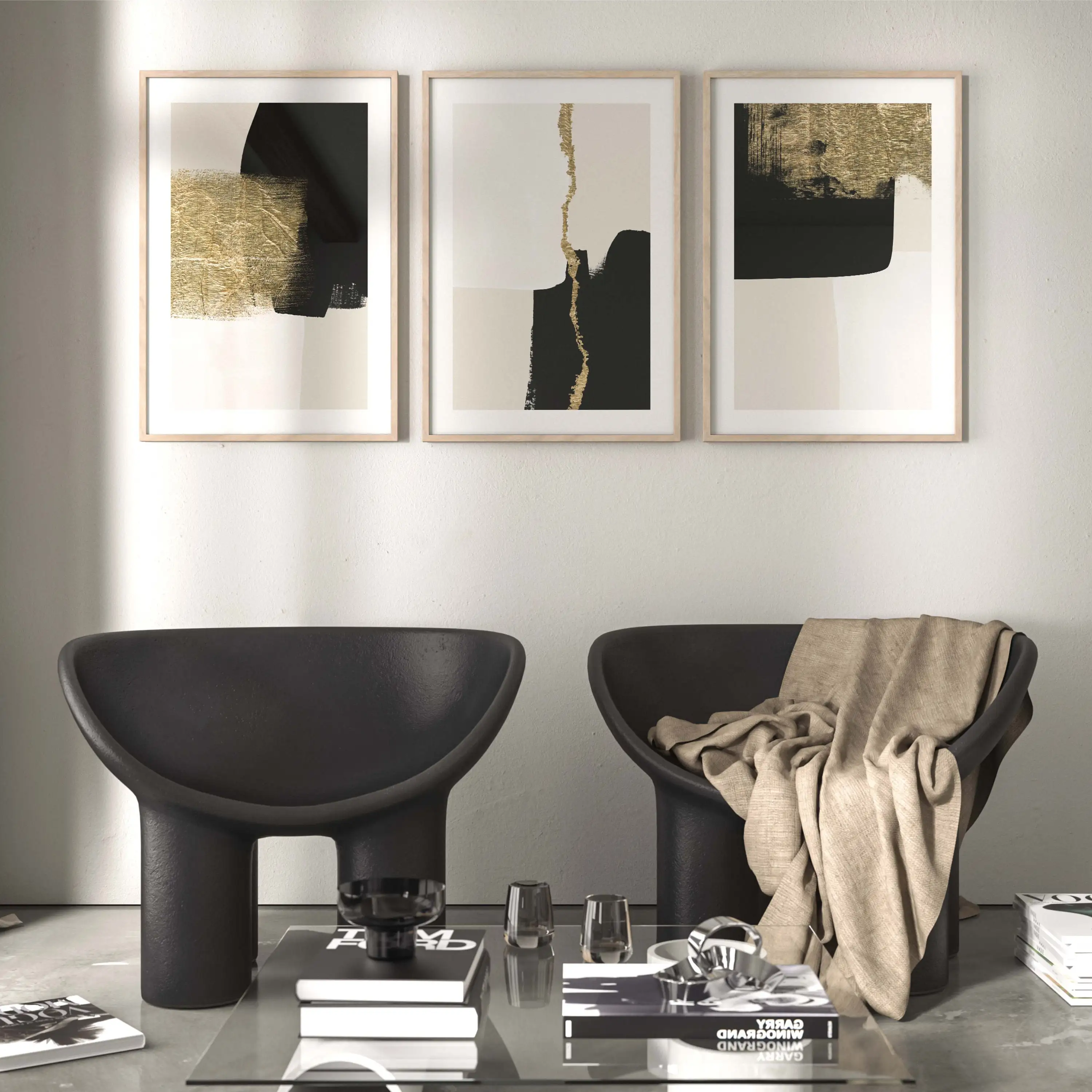 3pcs frameless Canvas Painting Black and Gold Wall Art Set of 3 Prints Black and Beige Abstract Art Minimalist Wall Art Gallery
