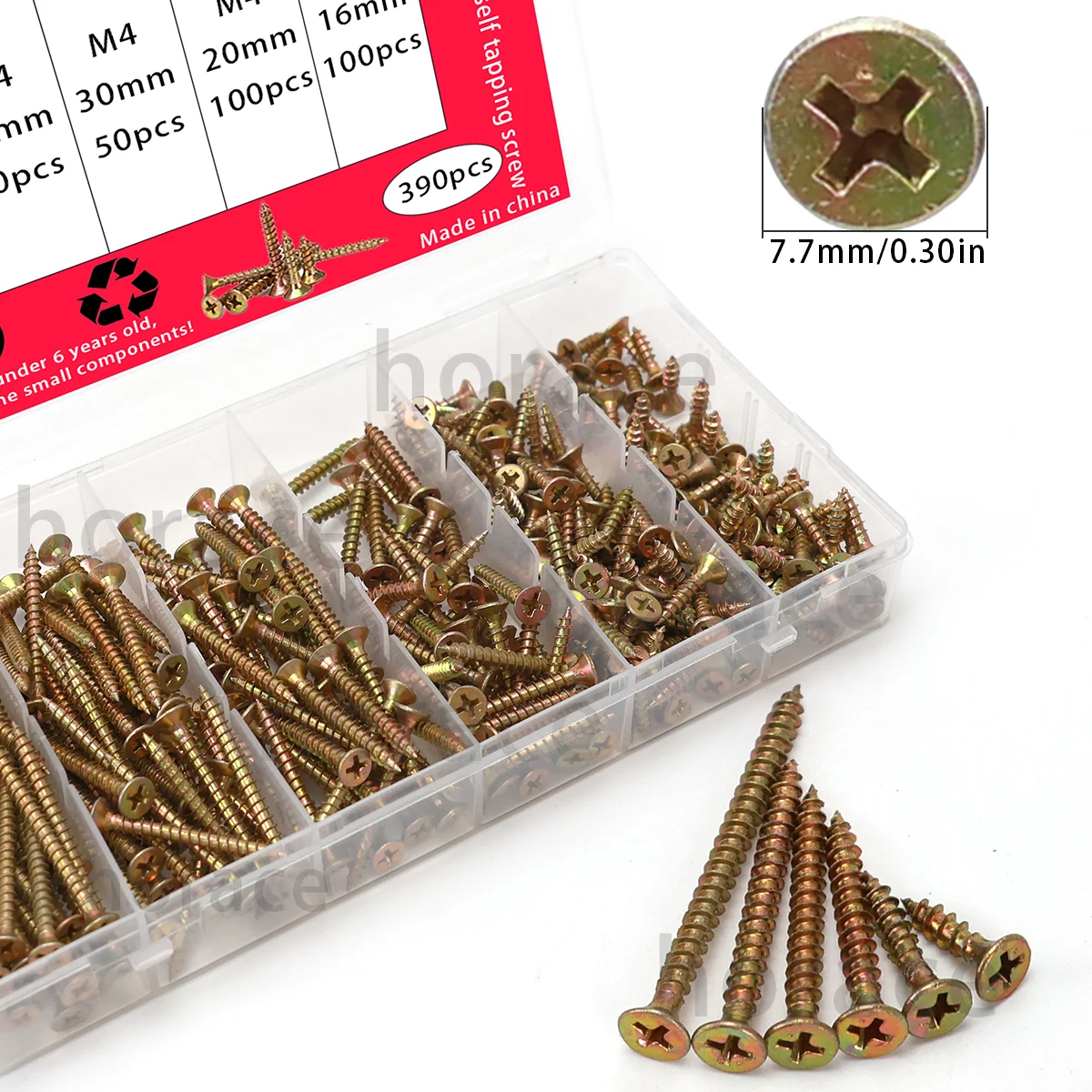 

390pcs/M4 galvanized self-tapping screw set-6 sizes(16-50mm) Phillips head wood screws for furniture repair and home renovation.