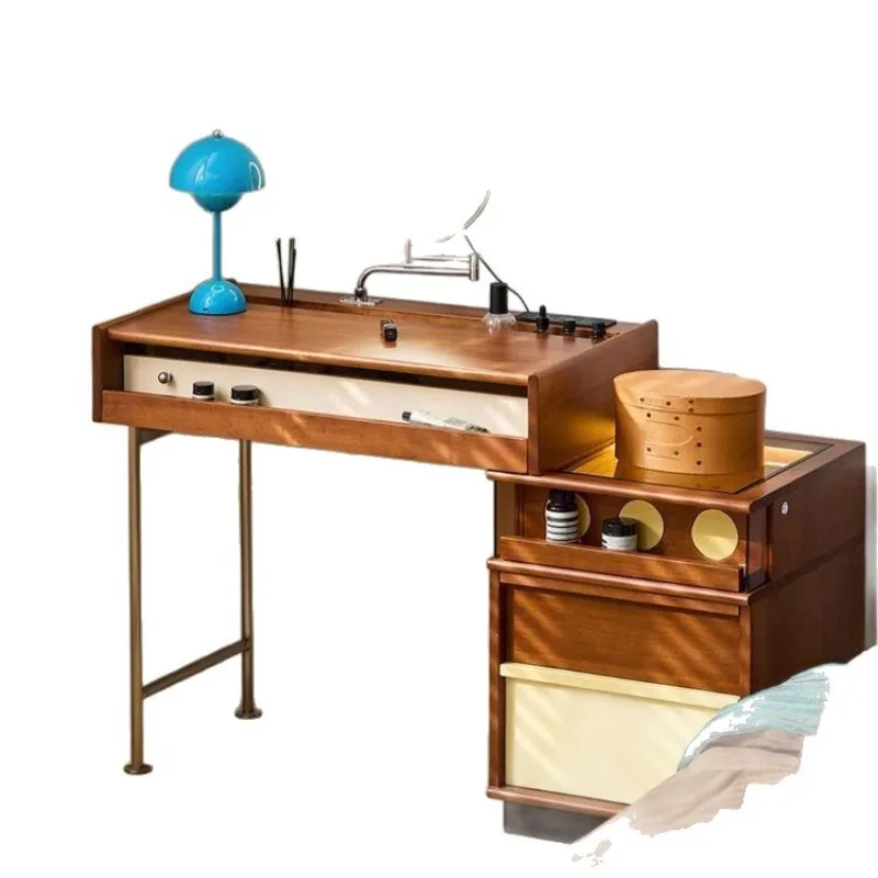 

Medieval small apartment solid wood dresser chest integrated bedroom storage cabinet retractable makeup table corner end of bed