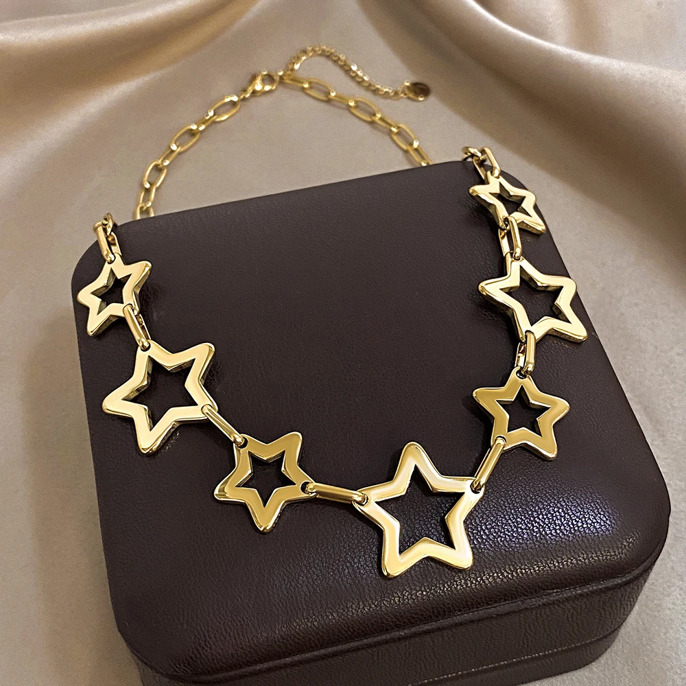 펑크 청키 할로우 스타 두꺼운 체인 스테인리스 스틸 목걸이 여성 남성 패션 금도금 스타 칼라 목걸이 주얼리