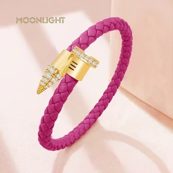 MOONLIGHT Genuine Braided Leather Bracelet for Woman High Quality Classic Cubic Zirconia Nail Bracelet Female Jewelry Gifts