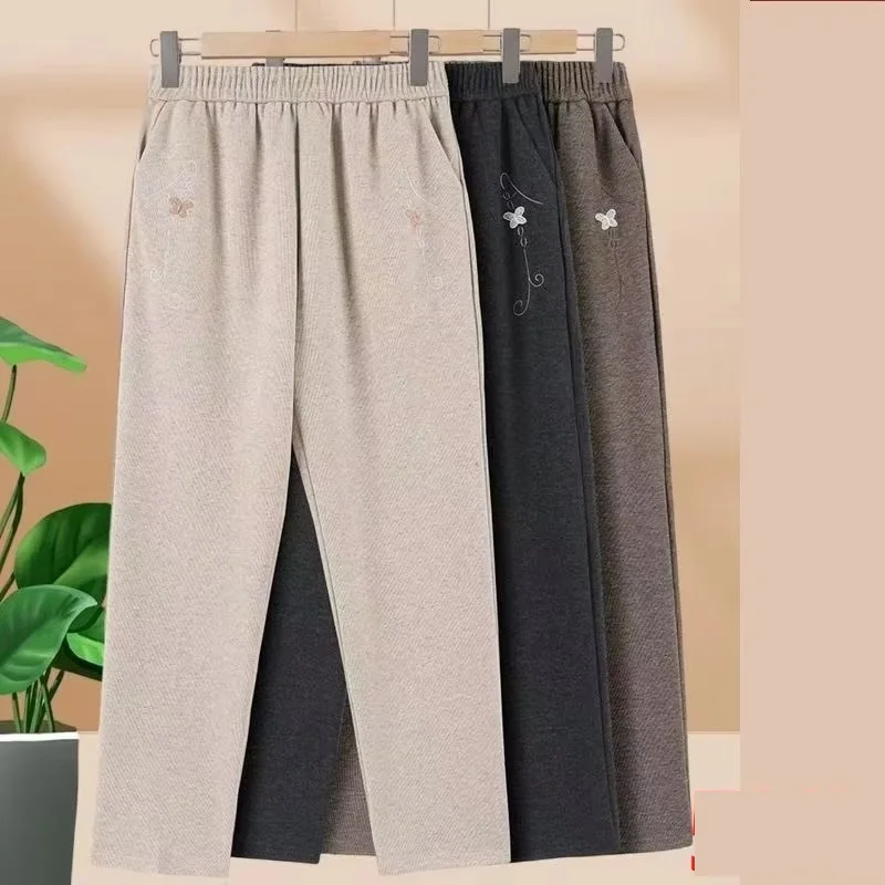 Middle Aged Elderly Women Woolen Pants New Autumn Winter Elastic High Waist Velvet Warm Straight Pants Female Casual Trousers