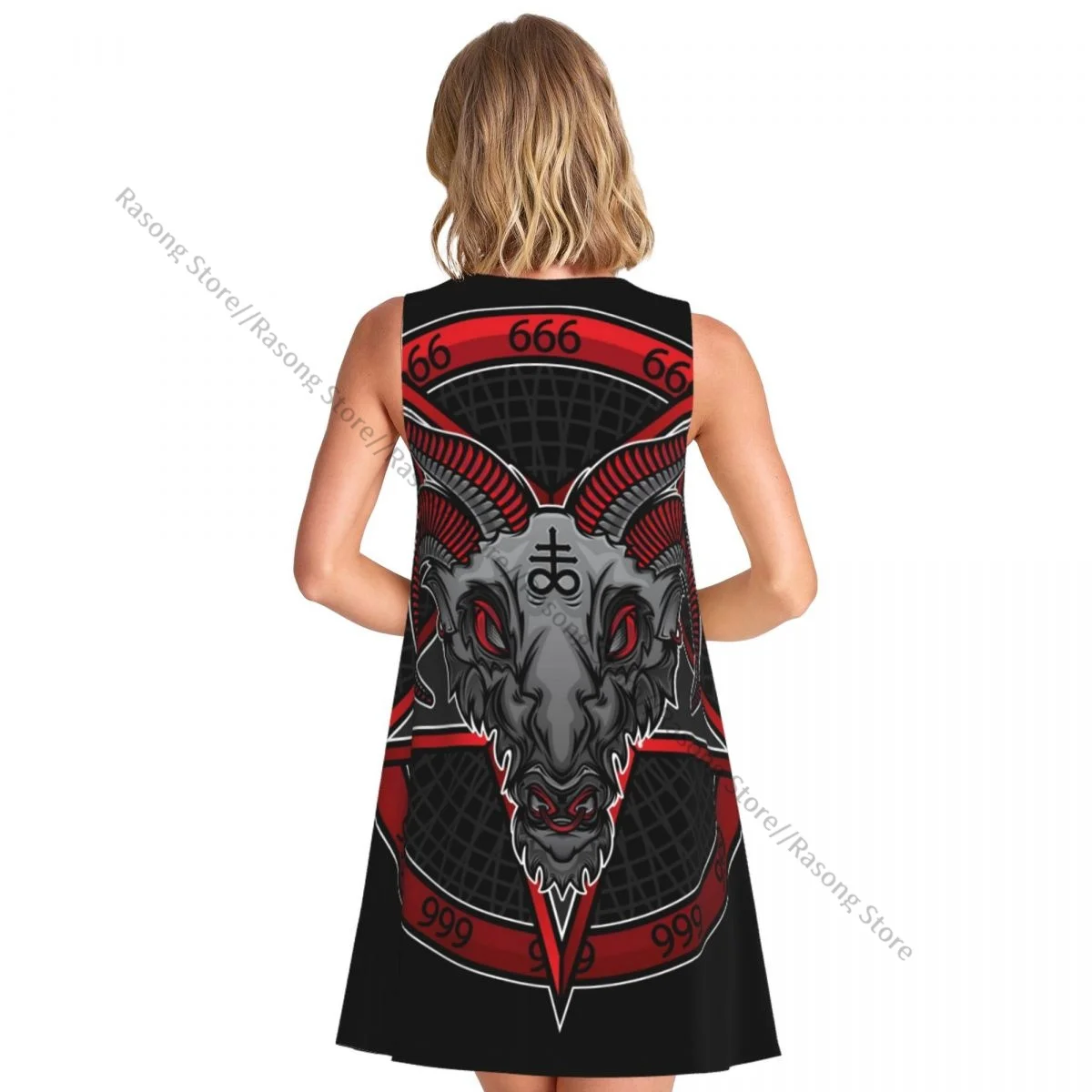 ชุดสตรี Baphomet Demon 666 ฤดูร้อนเสื้อยืดลําลองชายหาดชุดเดรสถัง