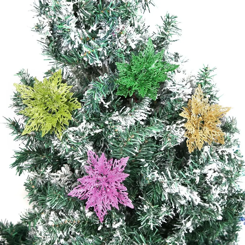 13cm Christmas Glitter Flower Head Simulation Realistic Artificial Poinsettia Flower Sequins Handmade Christmas Tree Decorations