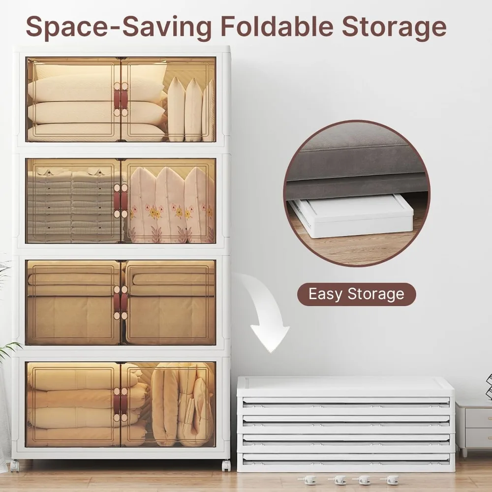 صناديق تخزين قابلة للتكديس ذات سعة كبيرة مع أغطية وعجلات وأبواب، 640-160 كوارت/40 جالون، 4 عبوات من منظمات خزانة قابلة للطي