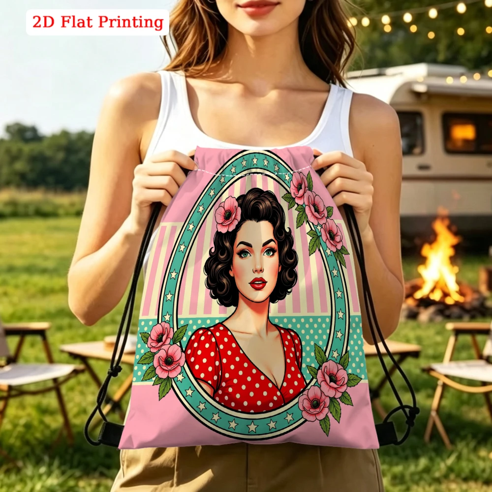 Retro Vintage, Drawstring Backpack, 2D Flat Printing Pink Rose Woman Portrait, Gym Sports Bag, Outdoor Travel Cinch Sack
