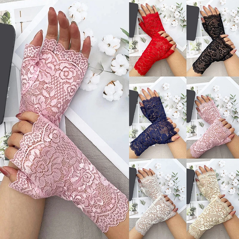 

Sexy Lace Gloves Sunscreen Anti-UV Cycling Drive Half Finger Mitten Fashion Summer Female Outdoor Sun Gloves