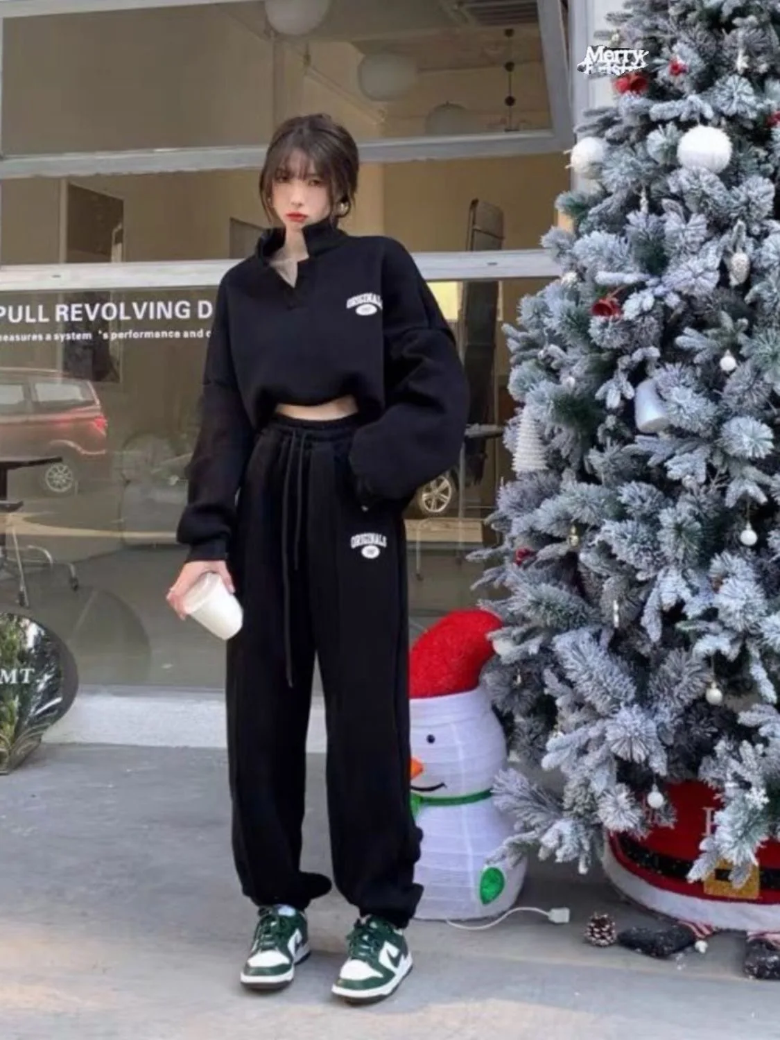 Korean Women Pants Set Solid Tops Half High Collar Hoodies Sweatshirt Print Loose Sweatpants Fashion Tracksuit Female 2pcs Set