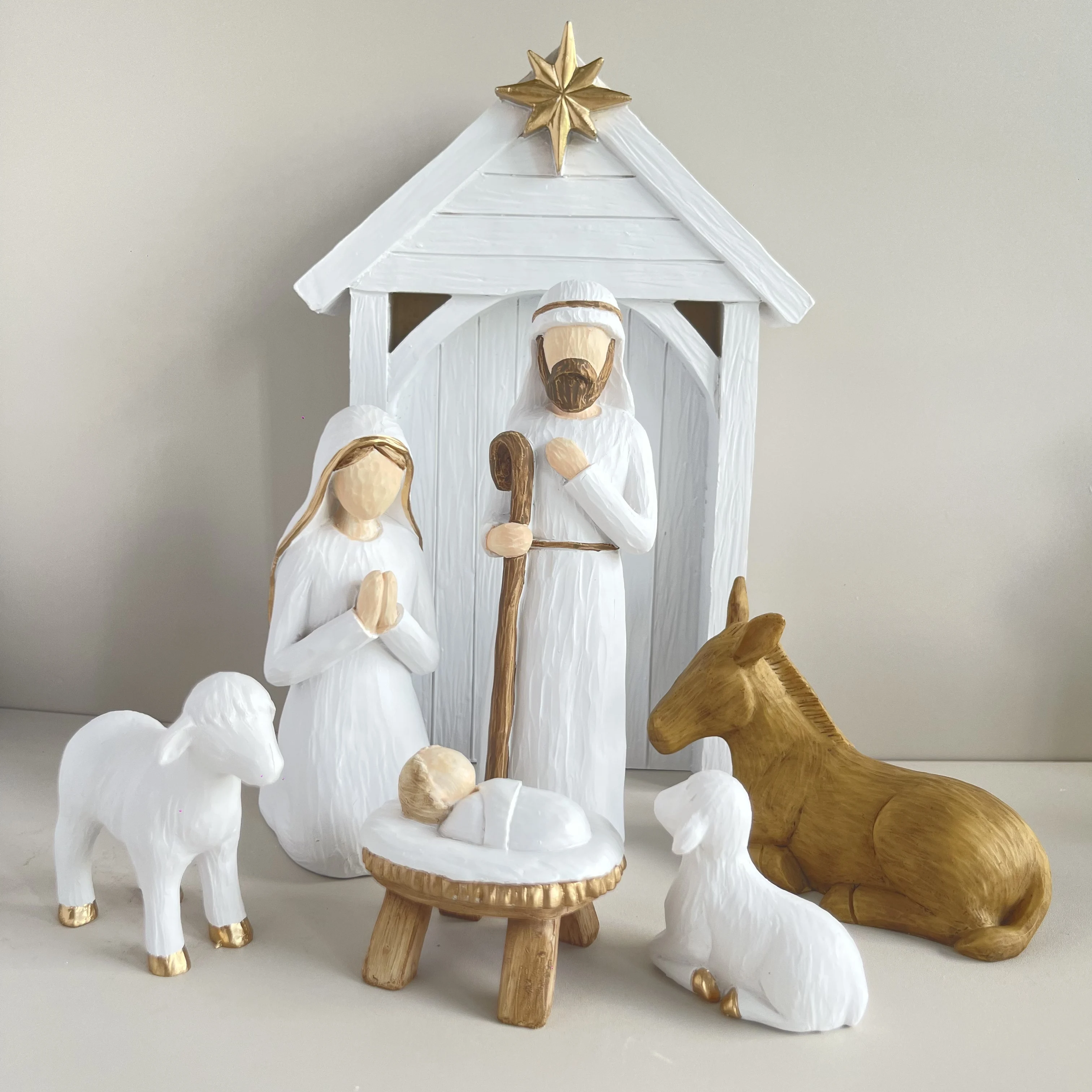 FAMORVIA Large Nativity Scene Set of 7 - Faceless Resin Christmas Figurines Featuring Holy Family Baby Jesus Donkey Sheep and St