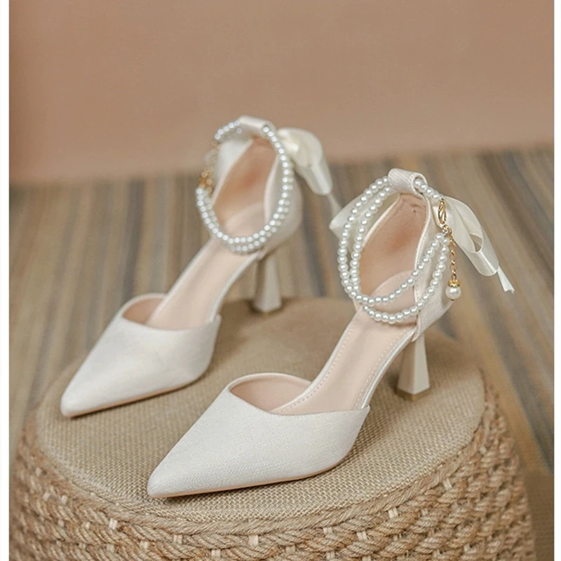 

New Elegant Pearl-Embellished Satin Heels Chunky High Heel Pumps Bridal Shoes with Adjustable Ankle Strap Dress Work Shoe