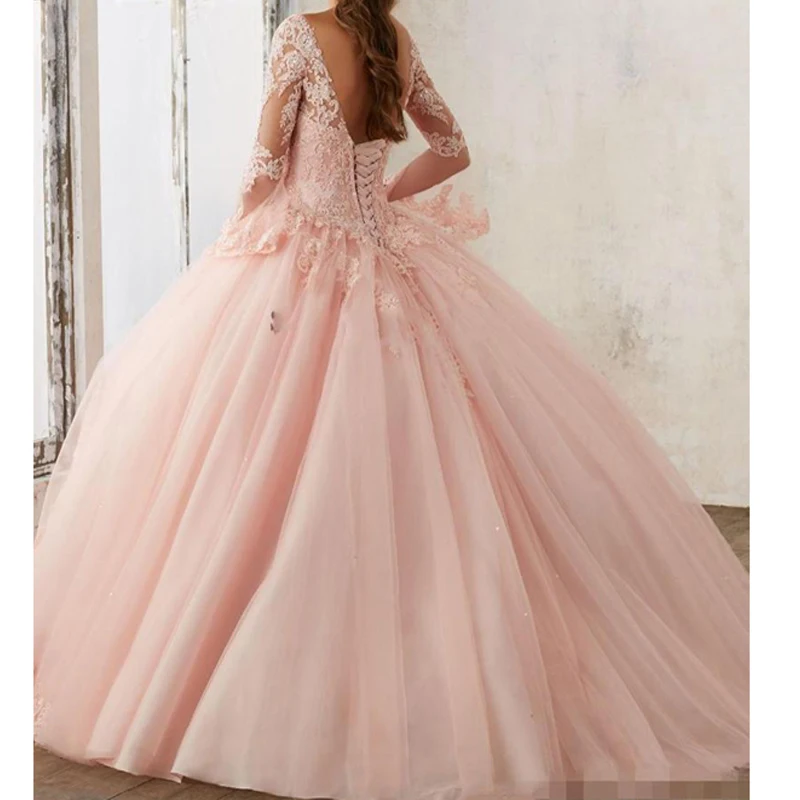 Vestidos de quinceañera para niña, vestidos de encaje de manga larga con cuello en V, vestidos de baile de Mascarada, vestido de desfile de princesa dulce 16, rosa y azul, 2022