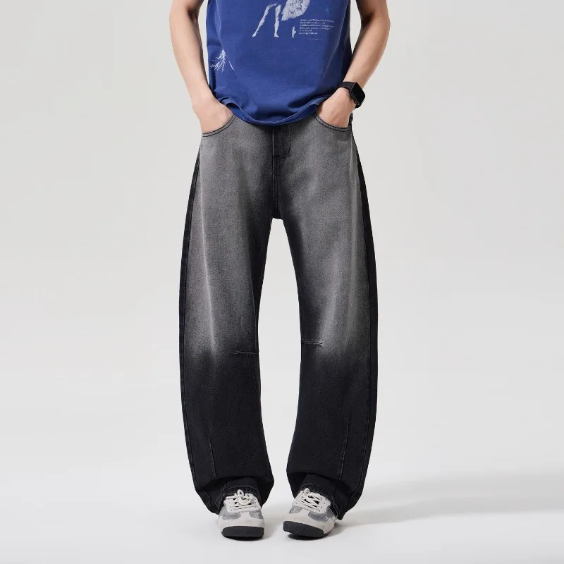 2026 Men American Vintage Washed Jeans Stylish Wrinkle High Street Wide Curved Baggy Denim Pants