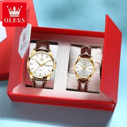OLEVS 6898 Leather Strap Quartz Couple Watch Simplicity Fashion Waterproof Watches for Men Women Luxury Gifts for His or Hers