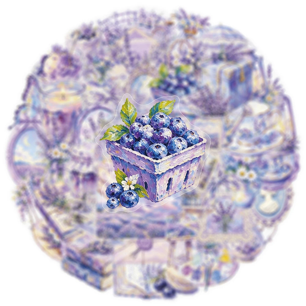 10/30/50pcs Cute Oil Painting Style Pastoral Life Stickers Purple Aesthetic Flowers Sticker DIY Notebook Helmet Cartoon Decals