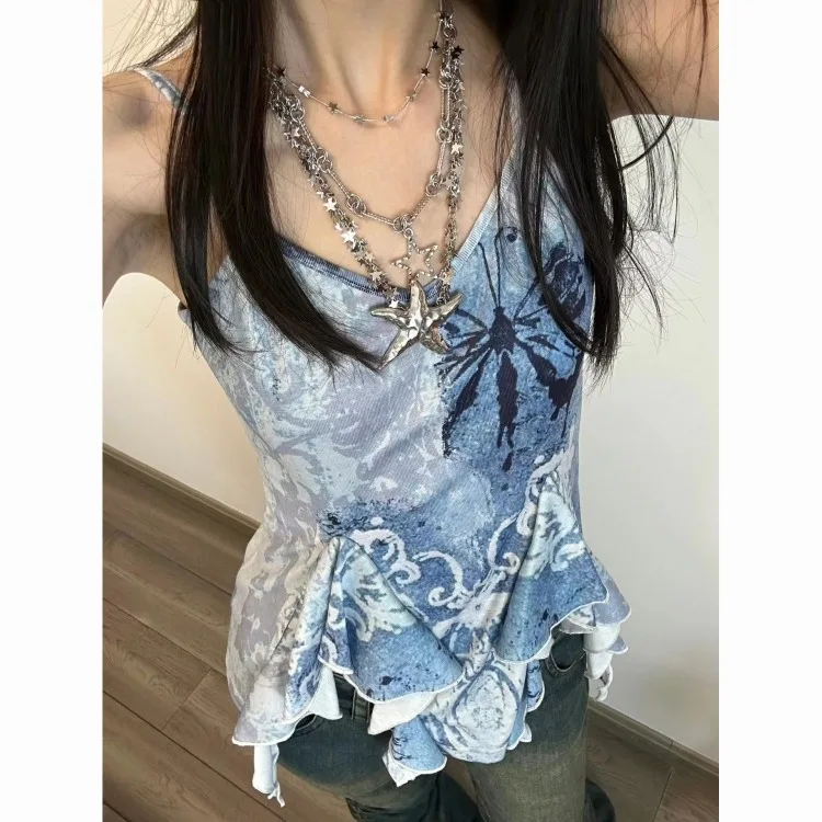 Korejepo Blue Mottled Print Ruffle Edge Romantic 2024 New Knitted V Neck Suspender Temperament Design Top High Street Blouse