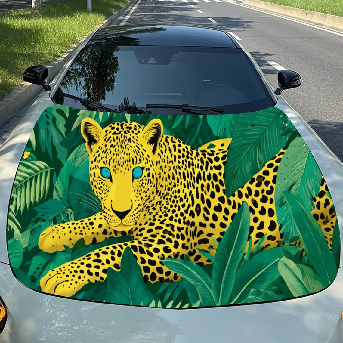 

Dreamy Blue Eyes Leopard in a Mystic Forest PVC Car Engine Hood Vinyl Wraps, Self-Adhesive Waterproof Car Hood Decal Sticker, Ca