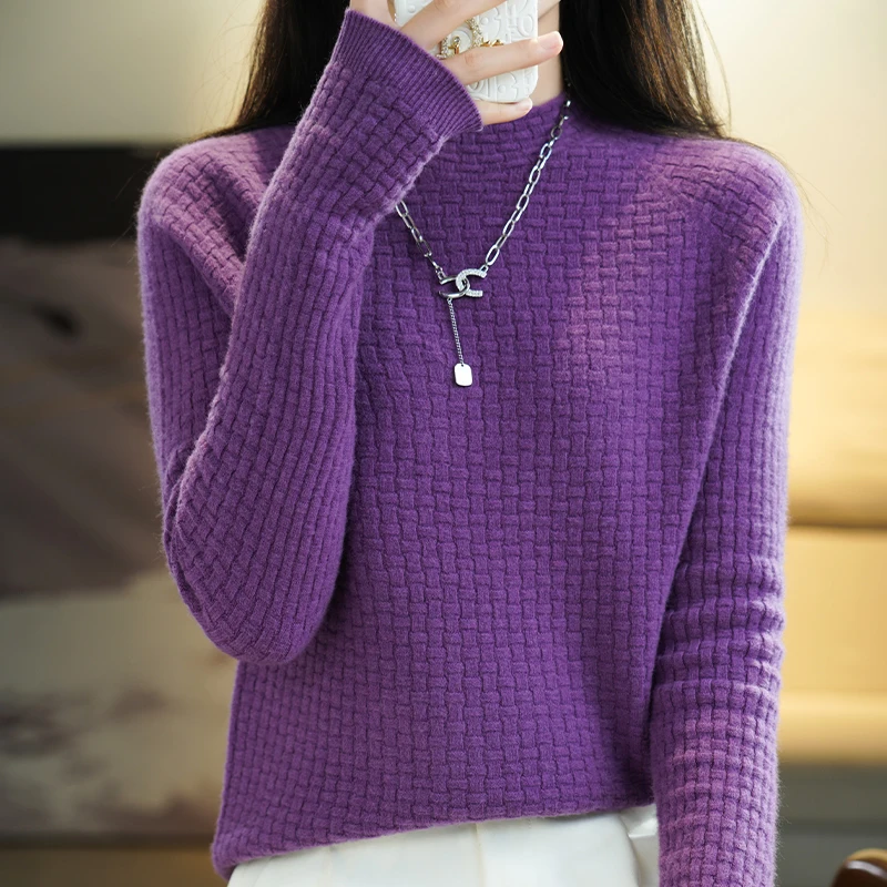 Fashion 100% merino wool top women's sweatshirt sweater semi-high neck long-sleeved pullover sweater in autumn and winter