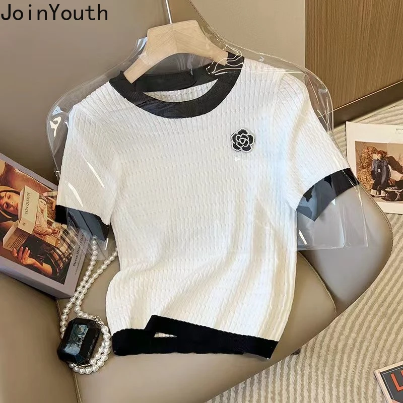 Knitted Woman Tshirts Ropa Mujer Short Sleeve O-neck Summer Tees Loose Fashion Korean T Shirt Crop Tops 2024 Shirts for Women