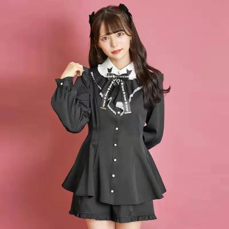 Japanese Gothic Lolita Dress Shorts Set Women Kawaii Bow Lace Short Sleeve Shirt Dress High Waist Rufffles Shorts Female Outfits