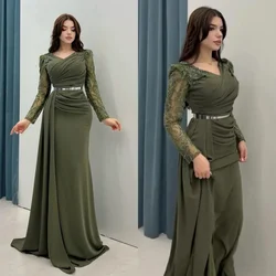 Saudi Arabia Satin V-Lead Dress Elegant Long-Sleeved Evening Dress Floor-Length Beaded Wedding Formal Occasion Dress