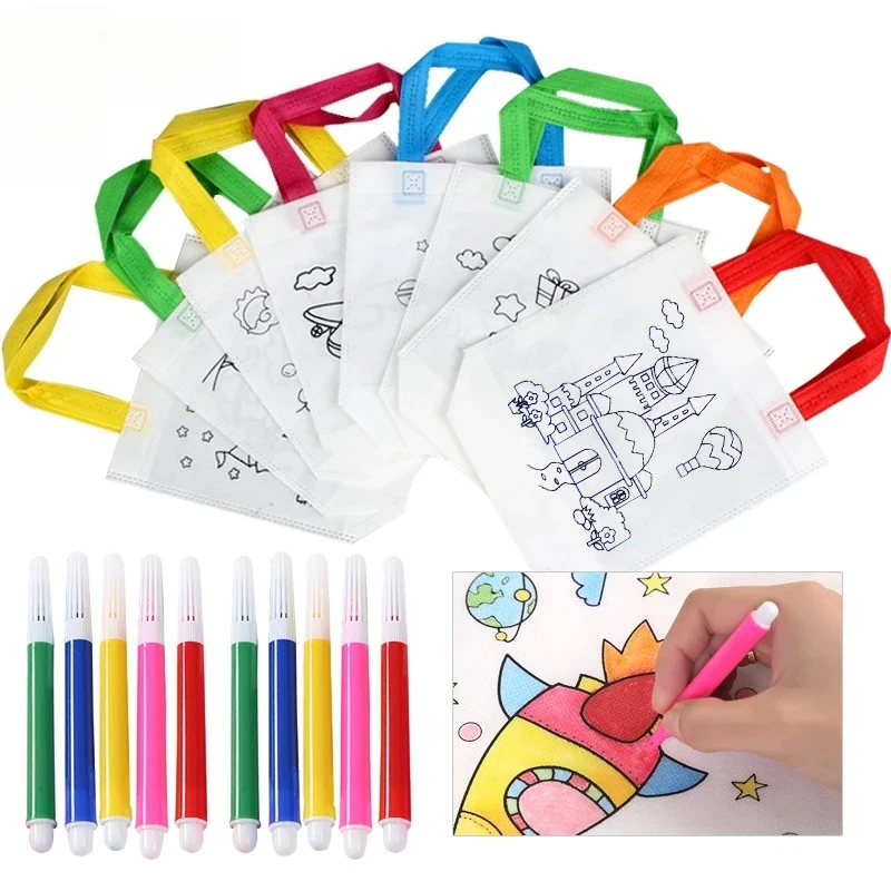 20pcs DIY Graffiti Bag Coloring Markers Handmade Painting Non-Woven Bags for Children Arts Crafts Color Filling Drawing Toy