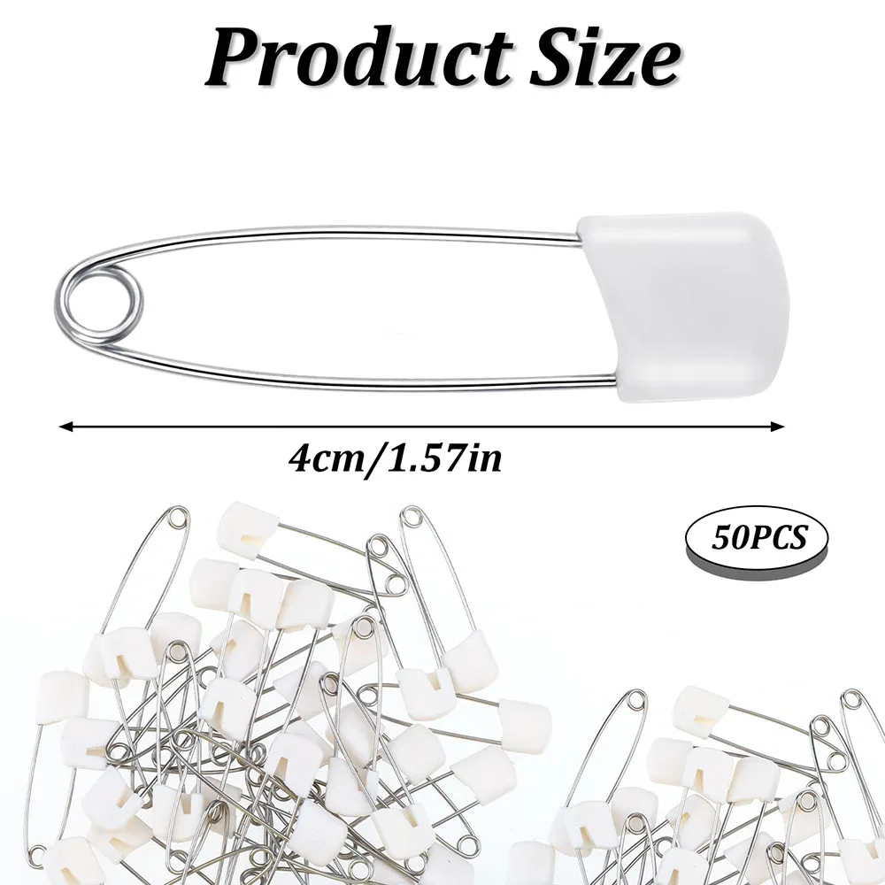 50pcs White Stainless Steel Safety Pins Plastic Head Cloth Pins Quilting Basting Pins with Safe Locking Closures for Baby Diaper