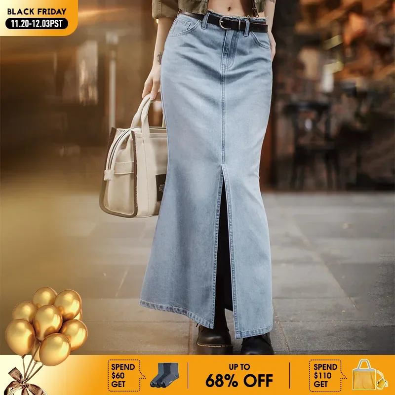 

Maden Vintage Women’s Heavyweight Washed Denim Mermaid Skirt Mid Waist Fishtail Long Jeans Skirt Bodycon Slit Dress for Fall