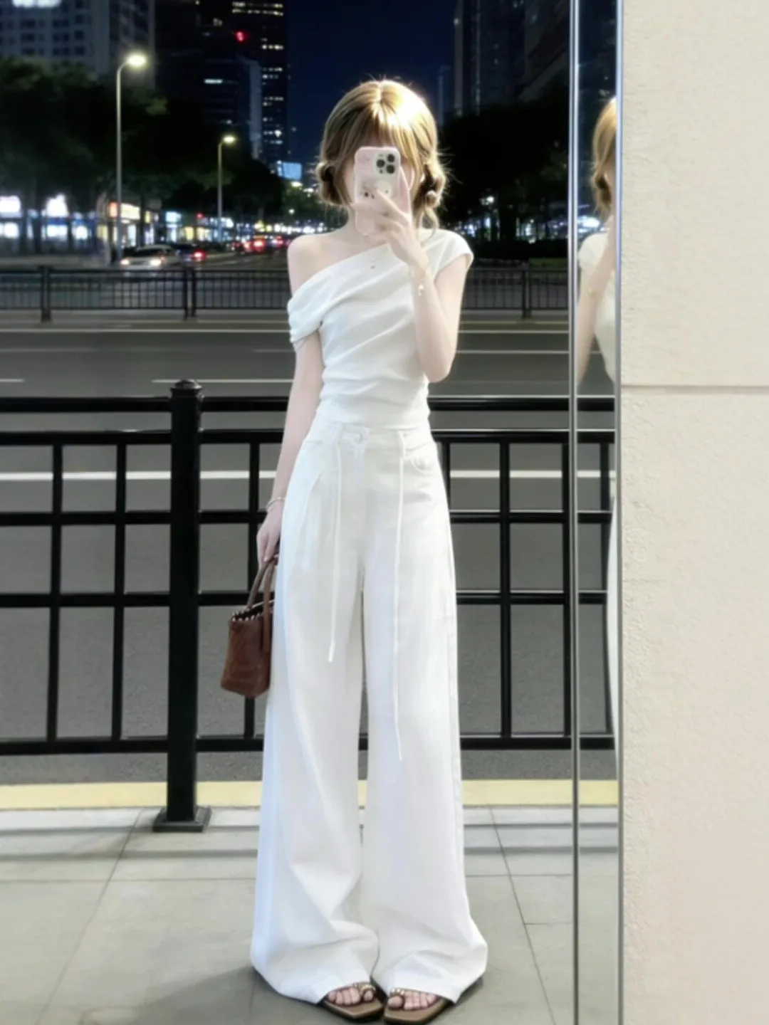 

Youthful Elegant Casual Outfit Two-Piece Set Shoulder Bared Top And Long Pants Cotton Blend Sunscreen Fashion for Summer