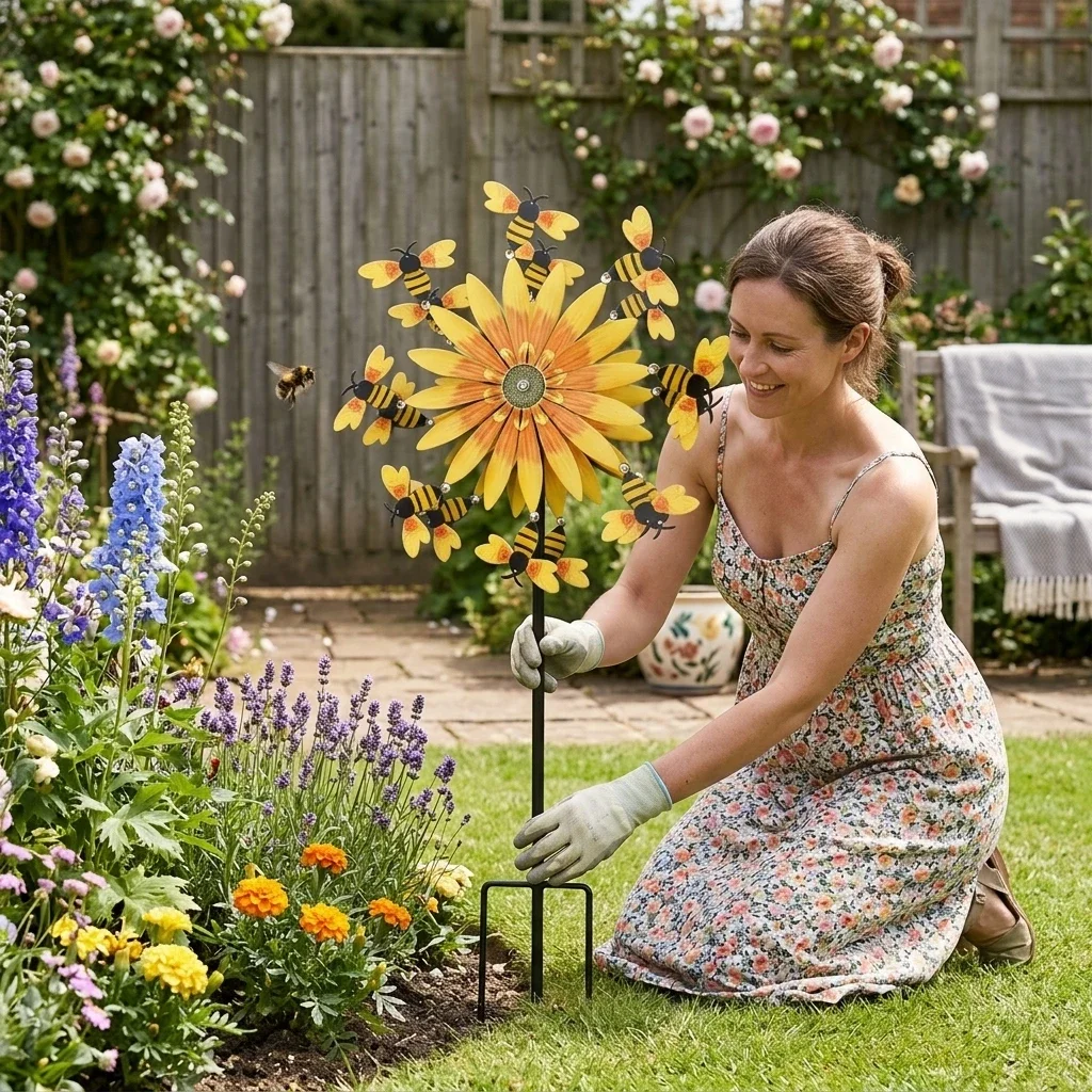 Metal Sunflower Bee-Wind Spinner Outdoor Garden Decoration Made Of Galvanized Steel Anti-Rust And Durable For Yard Lawn Or