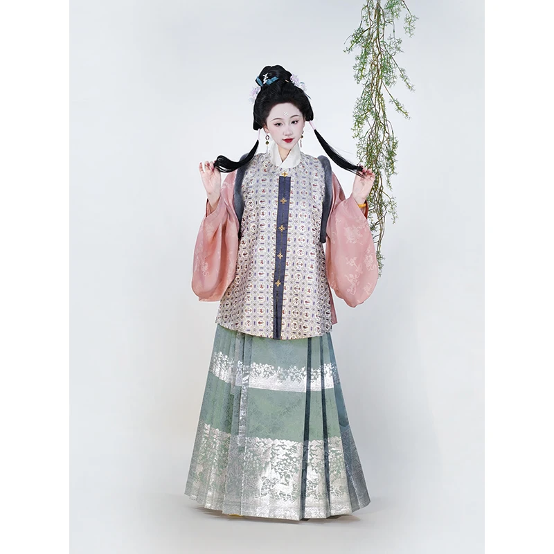 4 Colors Hanfu Woven Gold Satin Ming Made 4.5 Meters Pleated Horse Face Vest Skirt Traditional Chinese Clothing for Women Hanfu