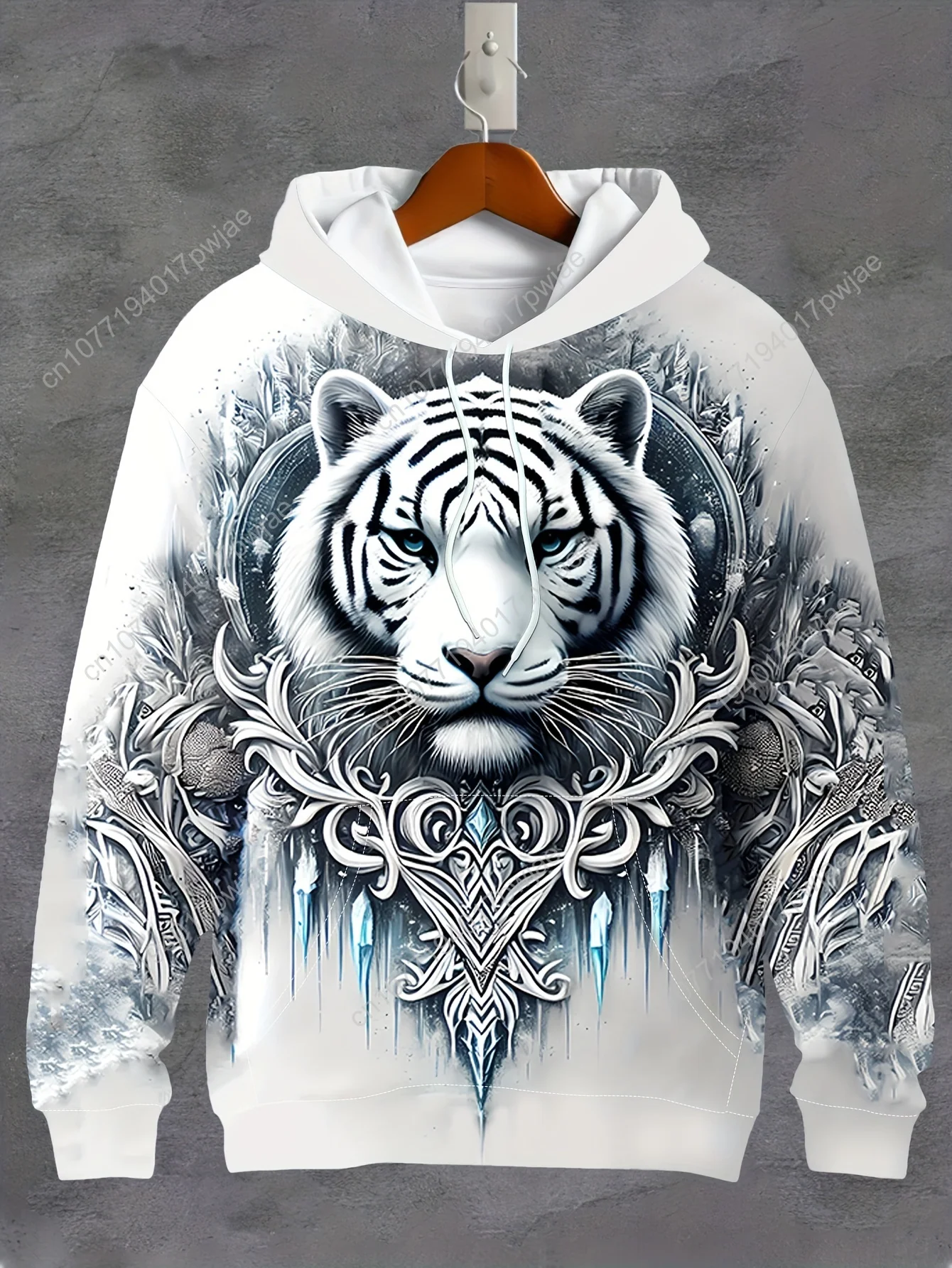 Men's 3D Ice Snow World White Tiger Graphic Hoodie - Long Sleeve Casual Pullover with Drawstring Pocket, Winter Forest Print S