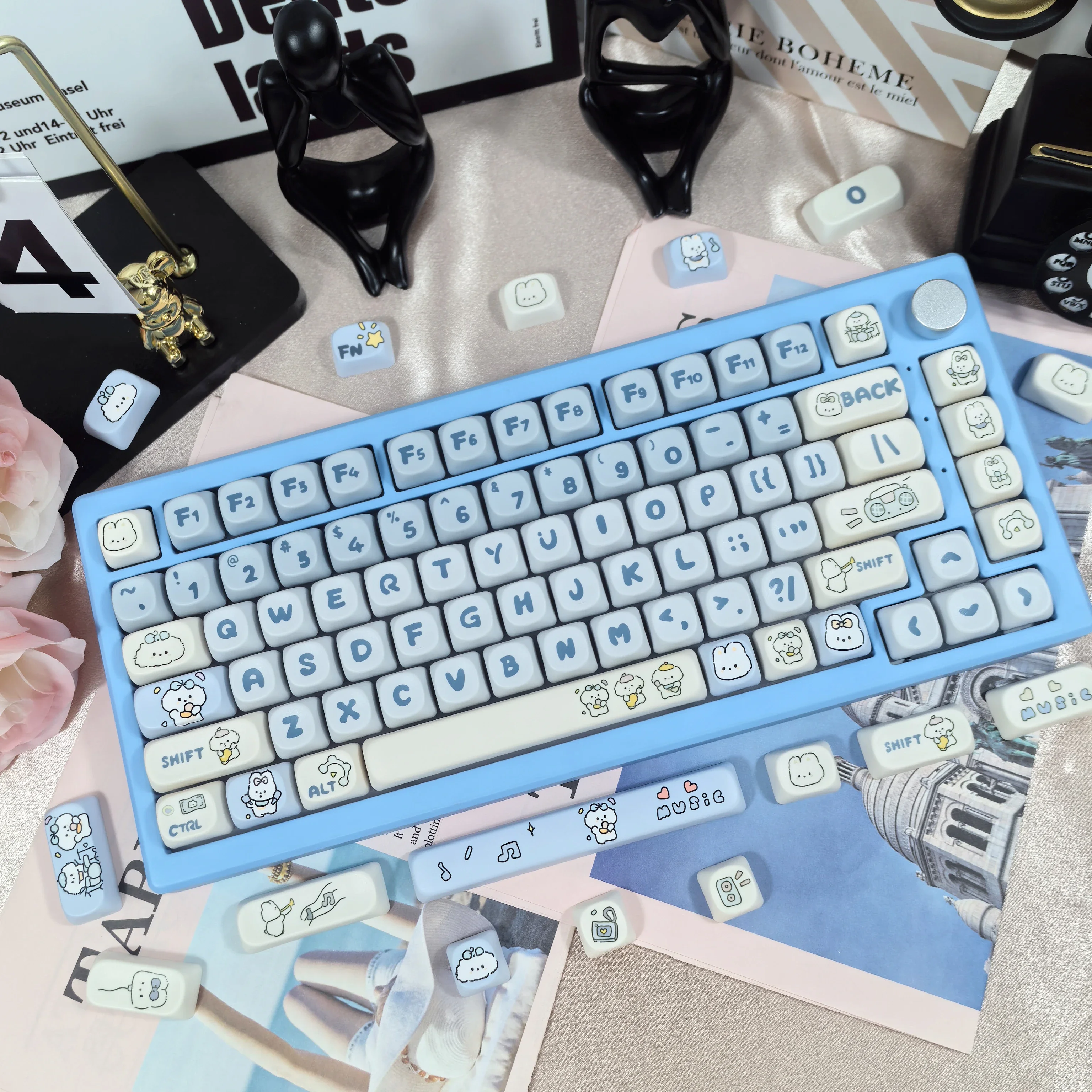 Keycap kelinci biru tema 112Key MOA PBT sublimasi untuk Keyboard Diy anak anjing berbintik Keycap anjing musik