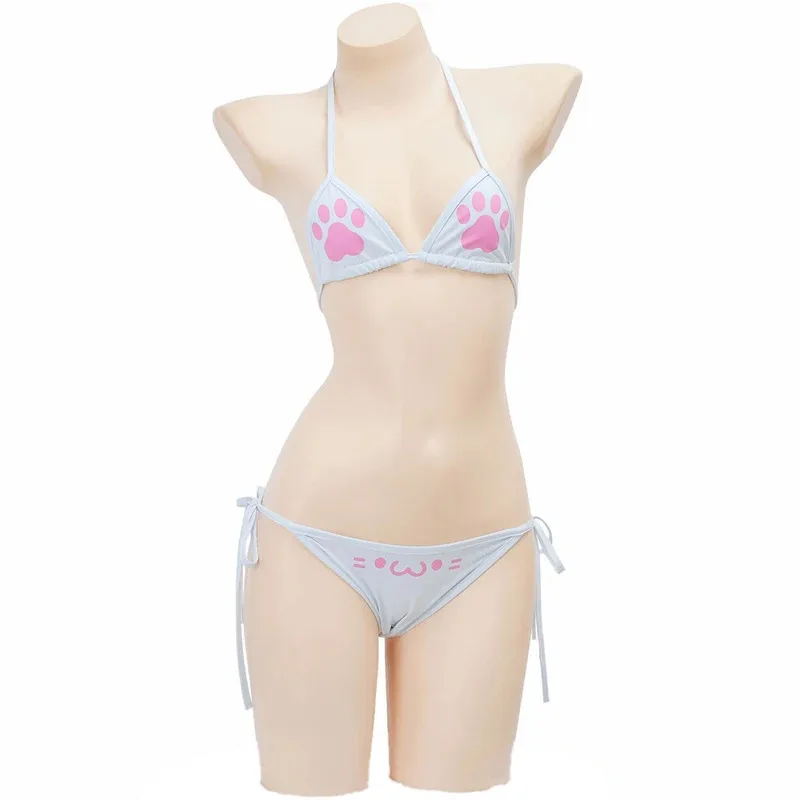 l2025l New Anime Kawaii Girl Cute Cat Paw Bikini Swimsuit Women Claw Pattern Three Point  Underwear Set Costume Cosplay