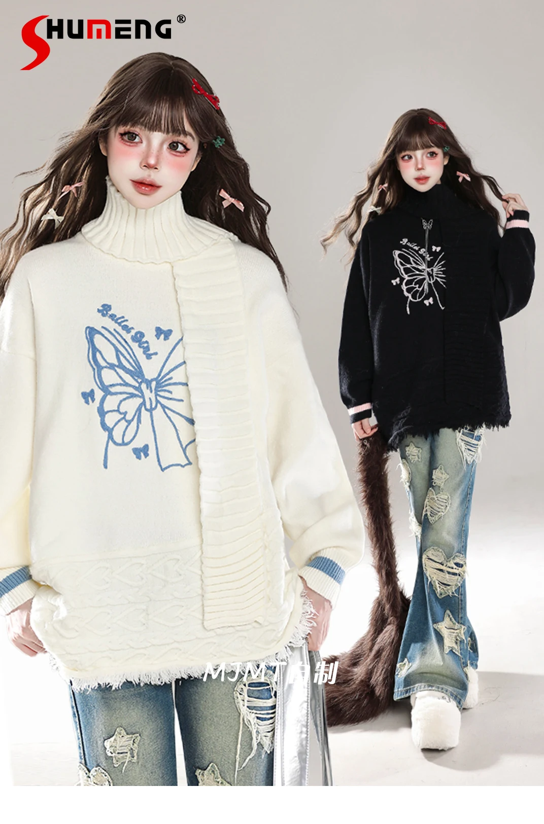 

Japanese Sweet Y2K Top Embroidery Tassel Knitted Sweater Turtleneck Scarf Long Sleeve Loose Casual Jumper Pullovers Women Autumn