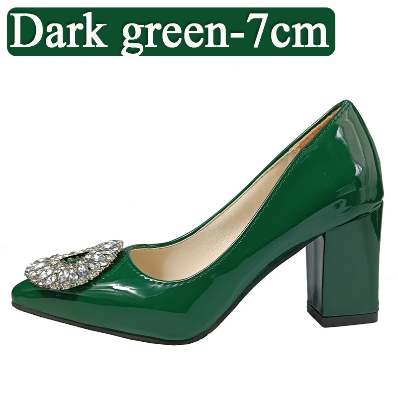 Aphixta 2023 Bling Big Crystals Round Buckle 7cm Chunky Heels Pumps Women Shoes Dark Green Fashion and Leisure Pointed Toe Pumps