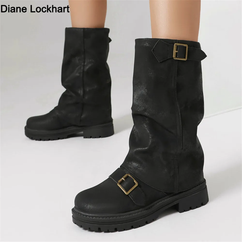 

Женские ботинки до середины икры на платформе, на массивном каблуке, трендовая модная кожаная женская обувь в стиле панк, готика, в стиле рок, мотоциклетная обувь черного цвета