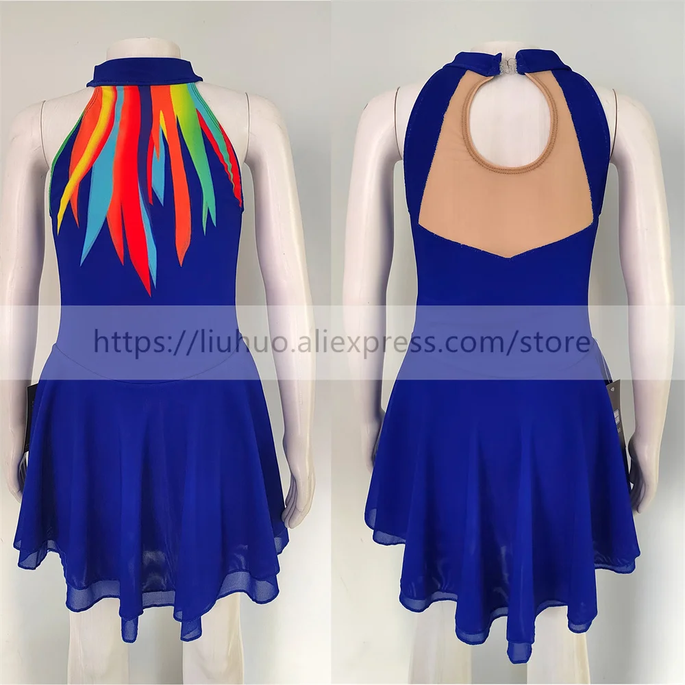 LIUHUO Women Aldult Girl Customize Costume Performance Competition Leotard Ice Figure Skating Dress Dance Blue Sleeveless Teens