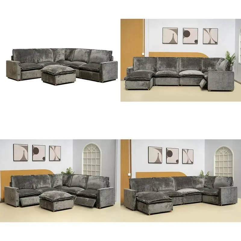 Modern luxury living room combination sofa set, high-end dark gray velvet fabric comfortable l-shaped metal frame cloud sofa
