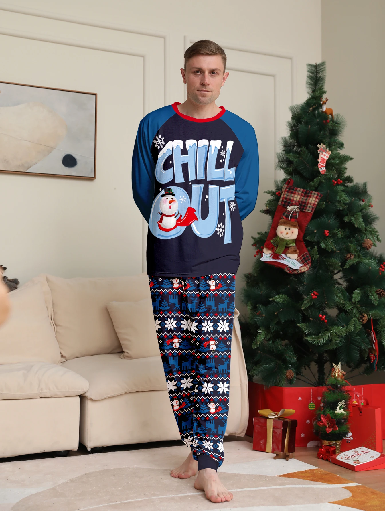 

Men's Christmas Pajamas Set with "CHILL OUT" & Snowman Print, Festive Xmas Loungewear