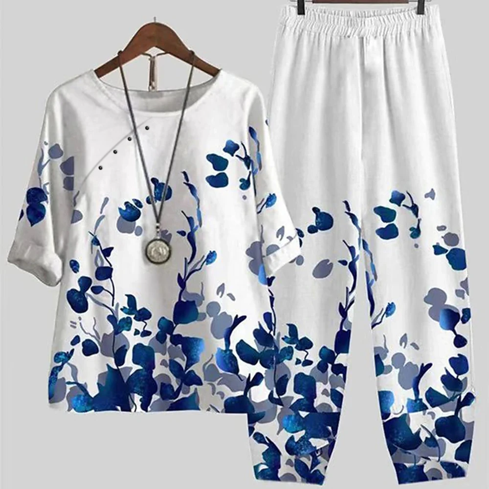 Women Round Neck Short Sleeve Suit Flower Print Elegant Two Piece Sets Female Outfits High Waist Loose Pants Ladies Suit Summer