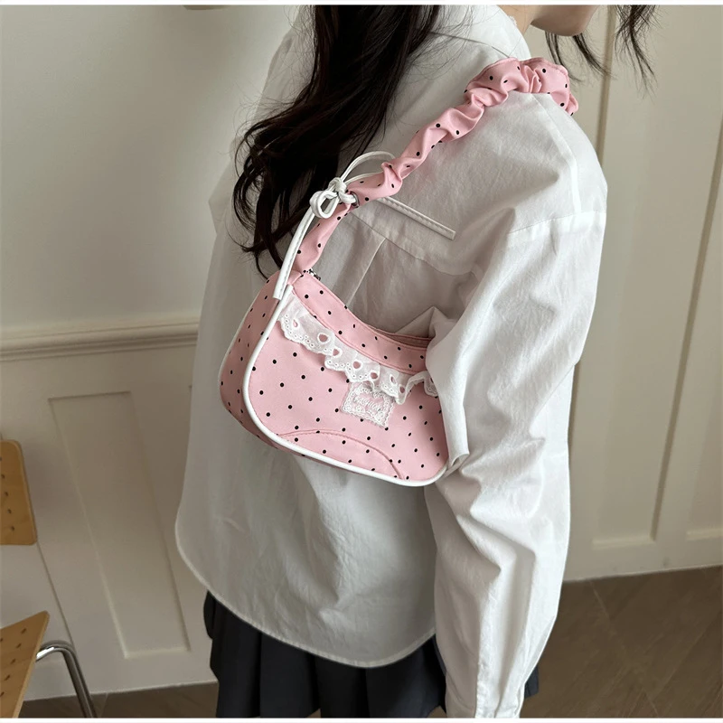 Gepunktete Spitzen-Rüschen-Unterarmtasche Süße Kleine Schultertasche mit Gerafftem Griff Hobo-Handtasche Damen Y2k Mini Quadratische Reißverschluss-Handtasche mit Schleife – Detail 11